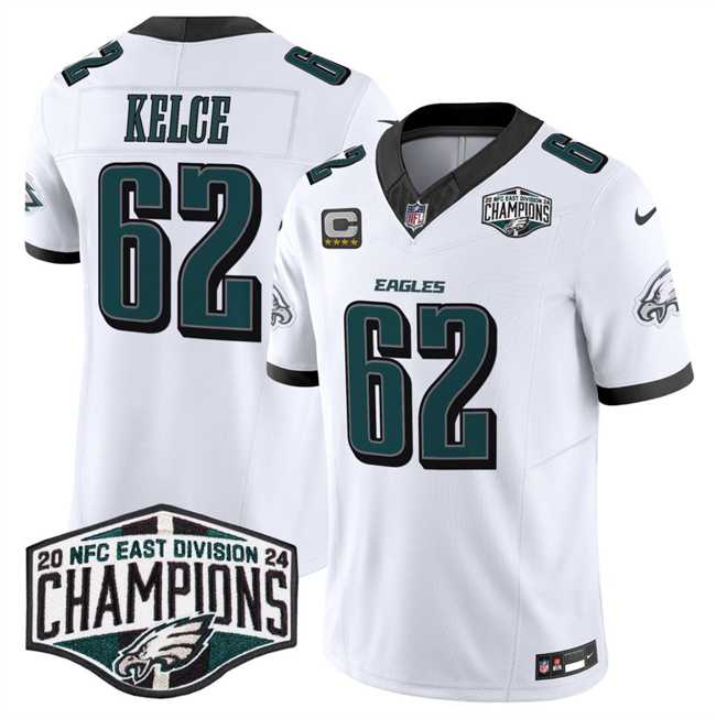 Mens Philadelphia Eagles #62 Jason Kelce White 2024 New NFC East Champions With 4-Star C Patch F.U.S.E. Vapor Untouchable Limited Stitched Jersey